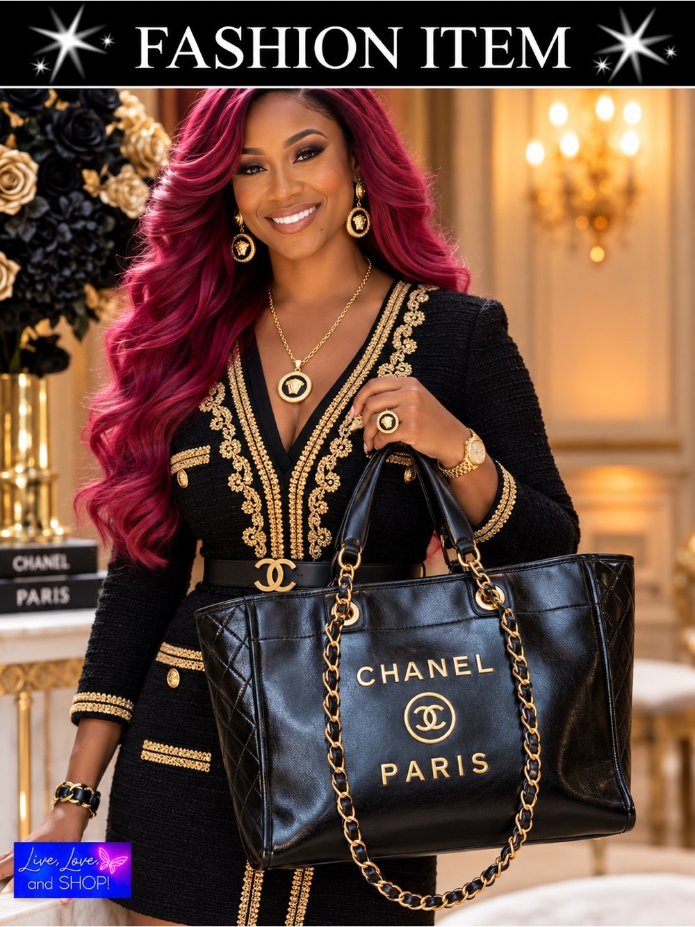 PURSE: Black Soft Pleather Tote w/Gold-Tone Detailing, NWTT